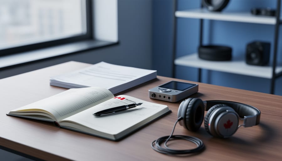 Close-to-medium view of a music creator’s desk with blank royalty statement papers, a pen, headphones, and a music player device under soft natural light, representing transparency in reproduction and performing rights.