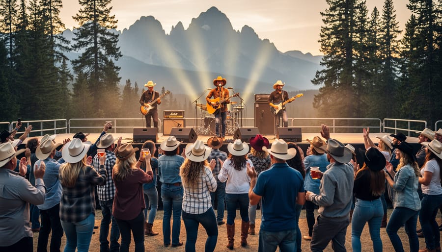 Country music festival crowd and stage with cowboy hats and guitars under warm late-afternoon light.