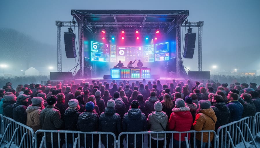 DJ performing in a winter electronic music festival with glowing equipment and foggy night lighting.