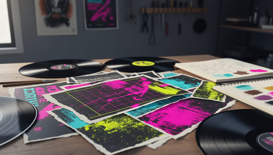 A textured music branding collage with torn paper, distressed ink, visible grid elements, and neon 90s-style accents on a studio tabletop beside vinyl records and a sketchpad.