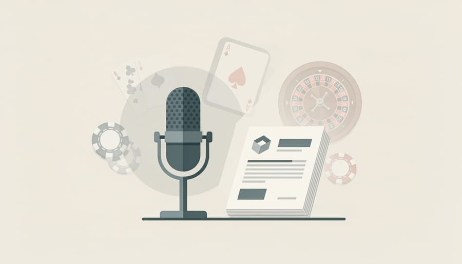 Microphone beside consent documents with blank pages and a dark smartphone screen