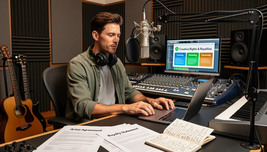 Songwriter’s hands on a keyboard at a recording studio desk with headphones nearby