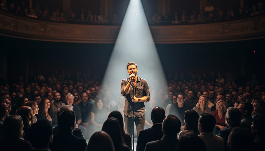 A concert vocalist stands in a bright spotlight while the rest of the venue fades into darkness.