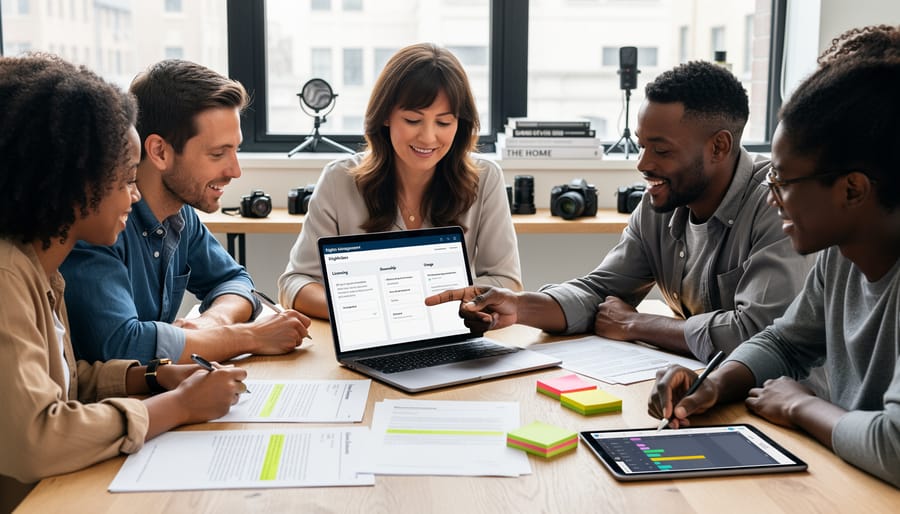 Creators in a meeting room reviewing documents together with a supportive conversation