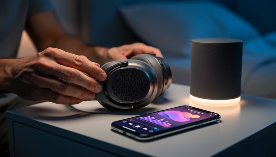 “Close-up of hands adjusting over-ear headphones beside a bedside speaker in a softly lit bedroom, suggesting deep sleep music for relaxation.”