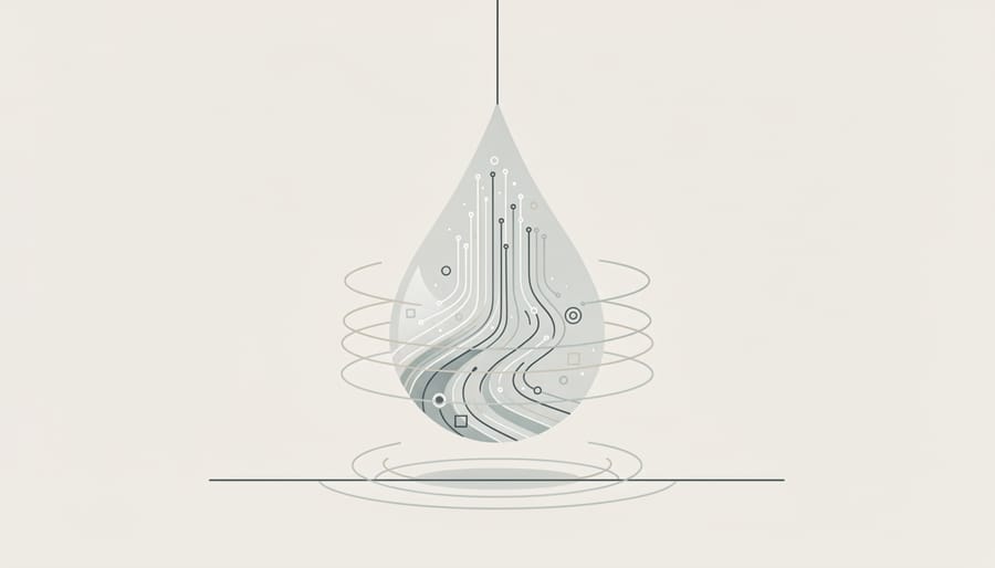 Macro close-up of a suspended water drop reflecting moving light