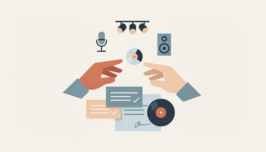 Close-up of a musician’s hands adjusting a microphone stand beside a blank folder for release paperwork, with a subtle pride-inspired accessory.