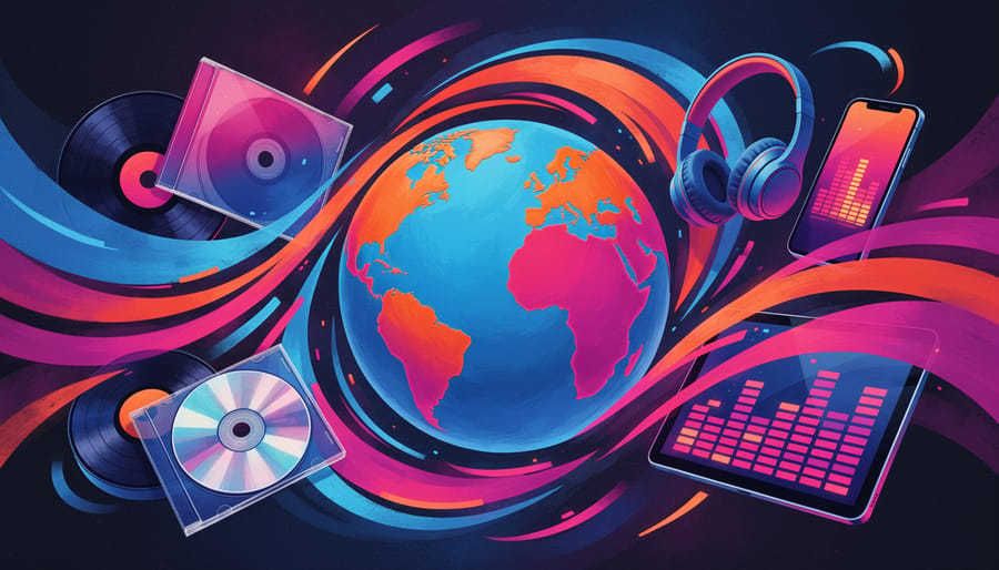 Laptop with globe sculpture and vinyl records on a desk
