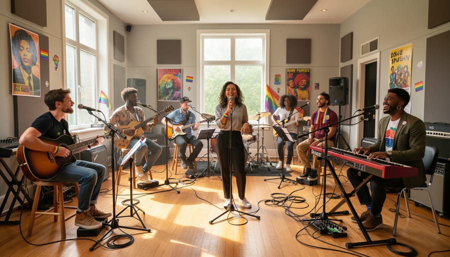 A diverse group of LGBTQ2S+ musicians rehearsing together in a Canadian studio with instruments and music stands in the background.