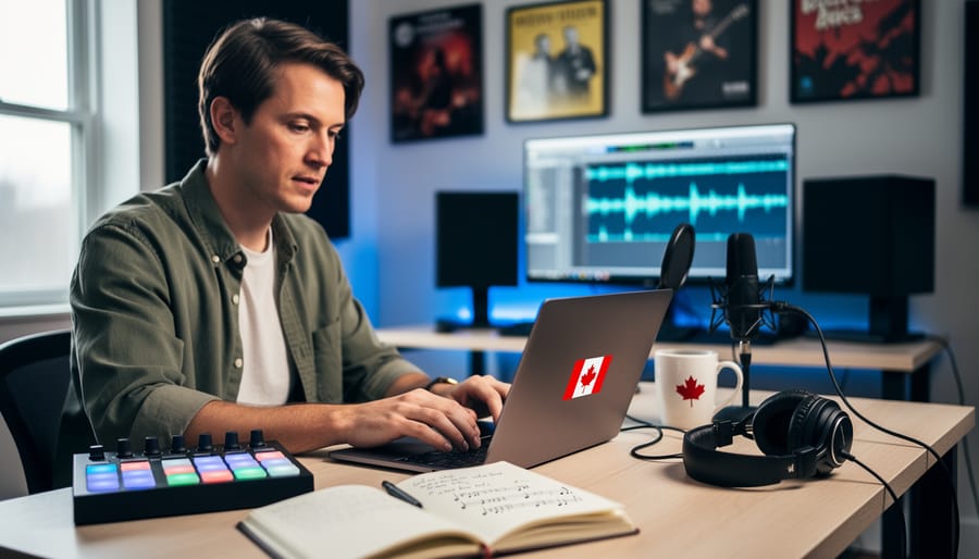 A Canadian songwriter at a studio desk with a laptop, MIDI controller, notebook, microphone, and headphones, suggesting modern music rights management.