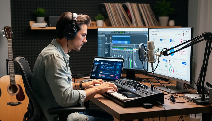 Musician holding a guitar pick and using a smartphone with studio headphones and music materials nearby