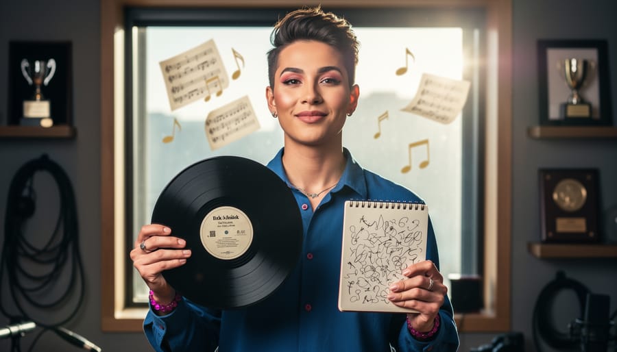 A queer trans musician holds a vinyl record and a small notebook in a softly lit music studio, symbolizing artistic control and protected creative legacy.