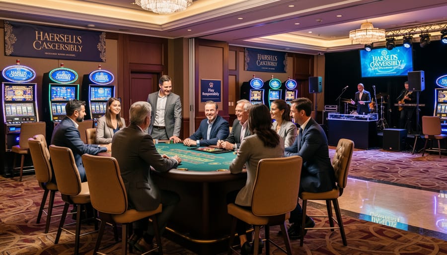 Quiet casino lounge entrance with warm interior lighting and blurred gaming silhouettes