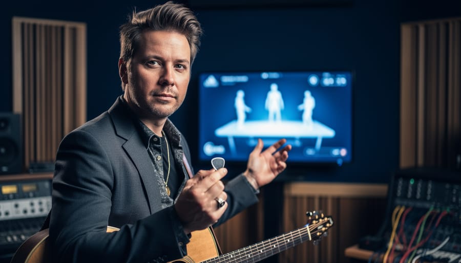 Canadian musician in a recording studio holding a guitar pick with subtle blurred digital gaming shapes glowing in the background.