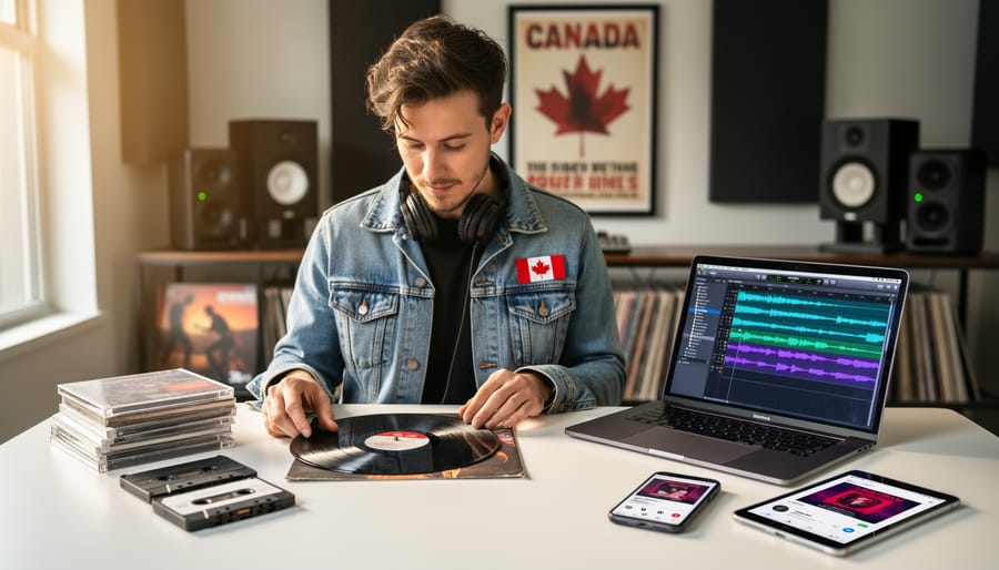 Songwriter’s hands holding a vinyl record beside a laptop showing audio waveform without readable text.