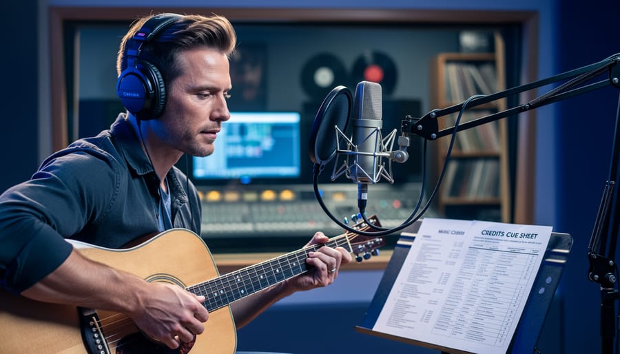 A Canadian performer wearing headphones in a recording studio next to a microphone, with music credit materials and blurred studio equipment in the background.