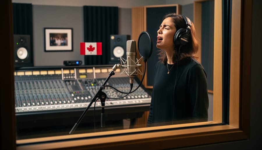 Performer in a recording studio singing into a microphone wearing headphones