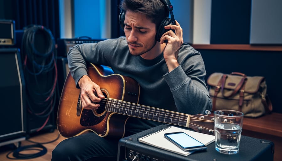 A musician in a recording studio rests a guitar while wearing hearing protection, with hydration and preparedness items visible in the scene.