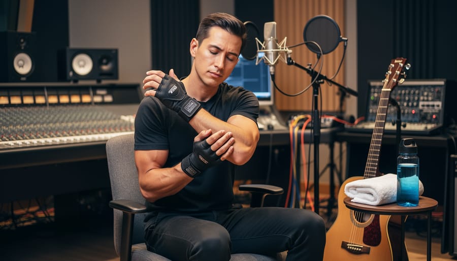 Guitarist seated backstage with a wrist brace holding a guitar pick, illustrating injury prevention and recovery.