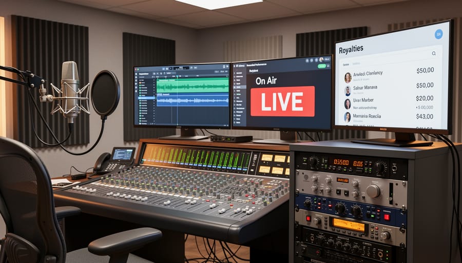 Radio studio control room with studio microphone and headphones on the console