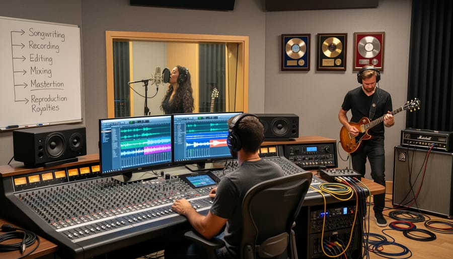 Musician and producer working in a recording studio with hands on keyboard and a mixing console.