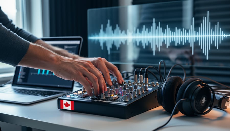 Hands adjusting an audio interface in a recording studio next to a laptop and headphones, with soft glowing waveform light suggesting digital music streaming royalties.