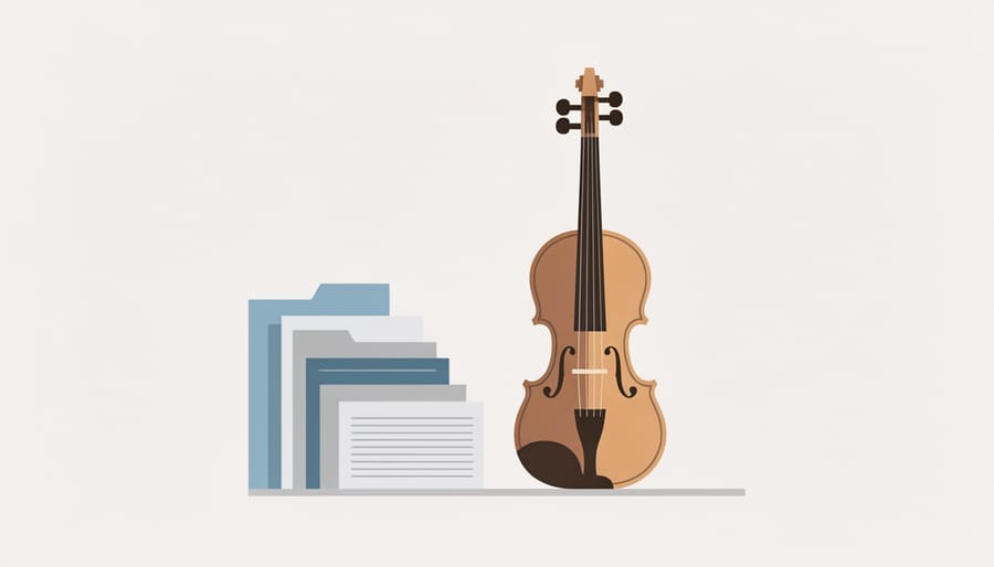 Violin placed on an organized folder and envelopes representing financial wellness for musicians.